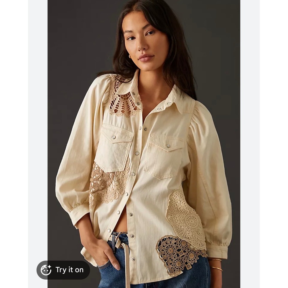 Pilcro Anthropologie XS Shirt Crochet Lace Patchwork Denim Cream Puff Sleeve